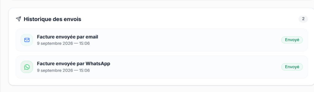Historique des envois de facture par email et WhatsApp